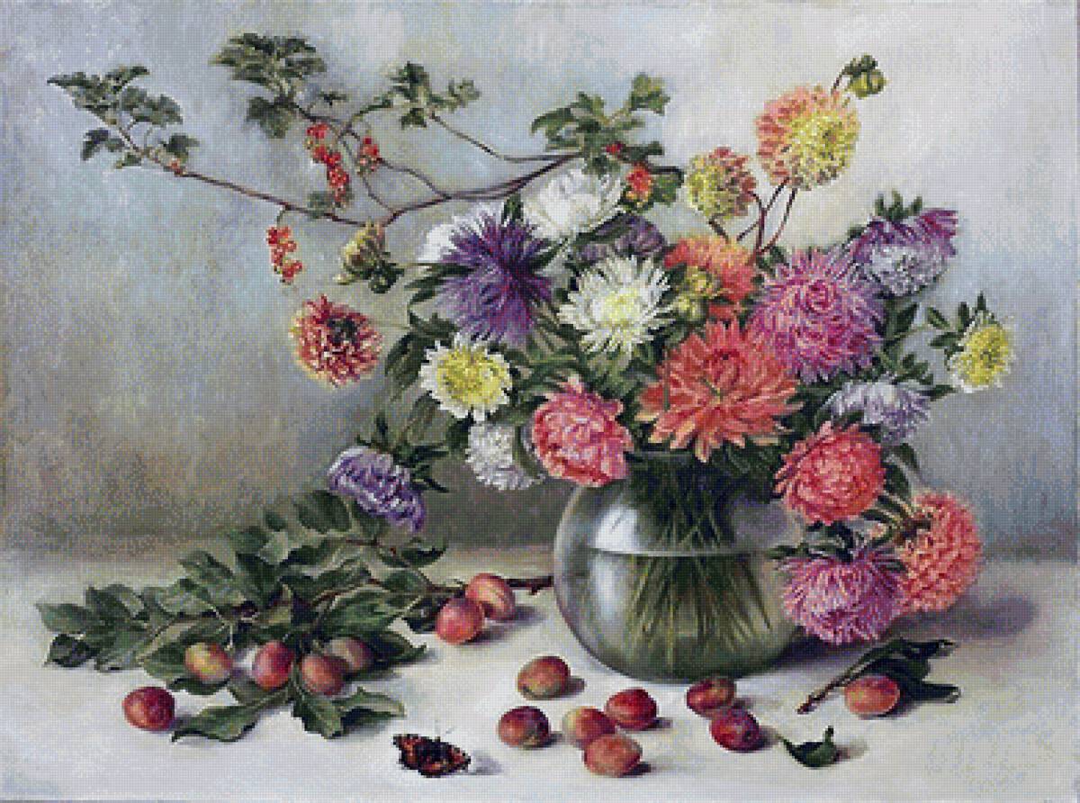 Худ. Познихер Н. - цветы, орехи, натюрморт, астры, ваза - предпросмотр