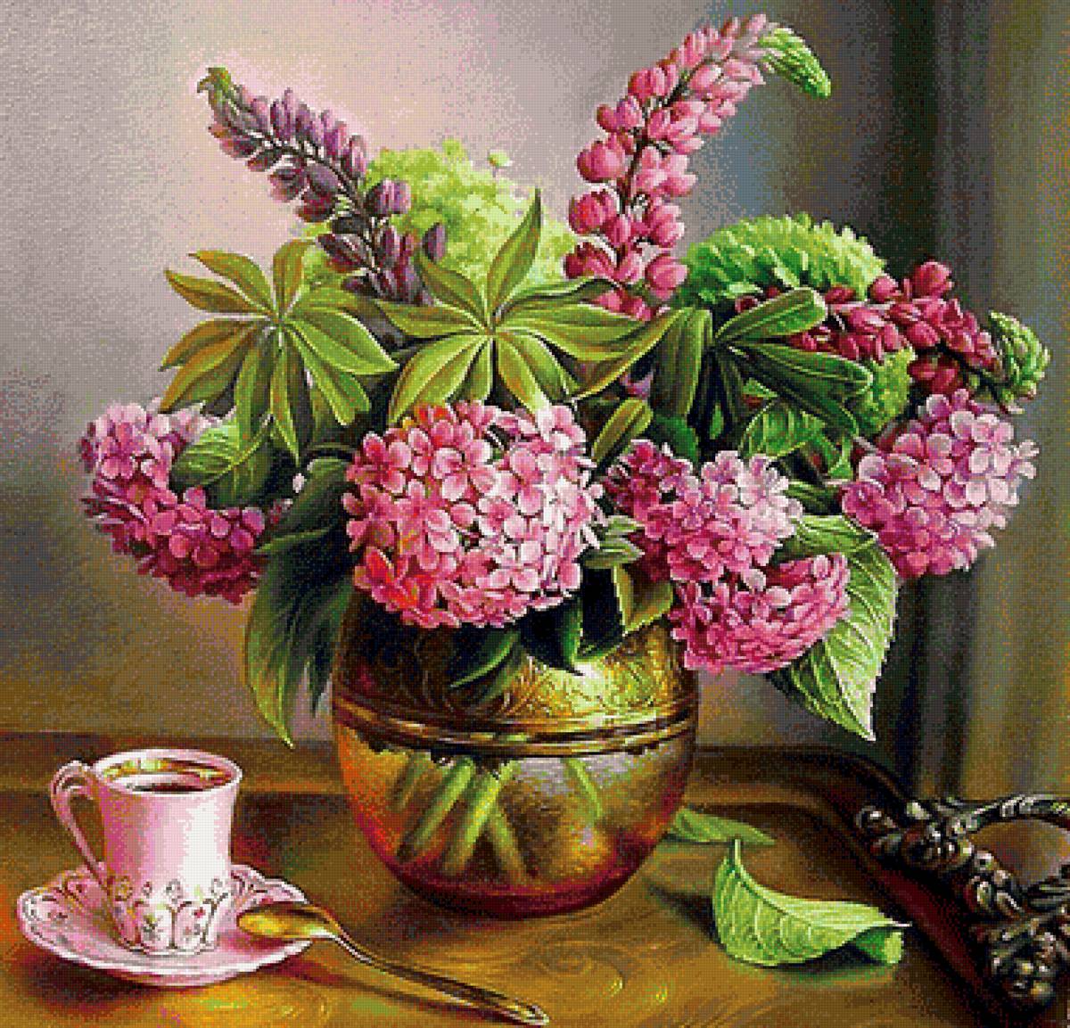 Букет - цветы, букет, натюрморт, чашка - предпросмотр