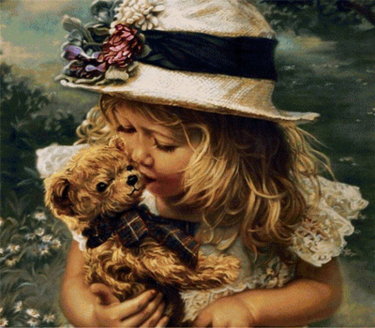 девочка с мишкой - дети, люди, картина, игрушка, человек, ангел - предпросмотр