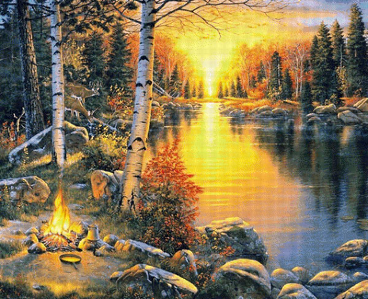 Закат - река, природа, костер, вечер, лес, березы - предпросмотр