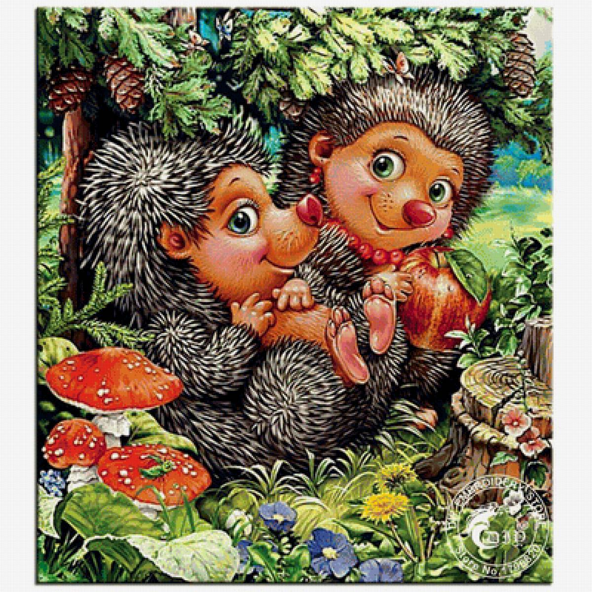 веселые ежики - животные, грибы, лето, детское, цветы - предпросмотр