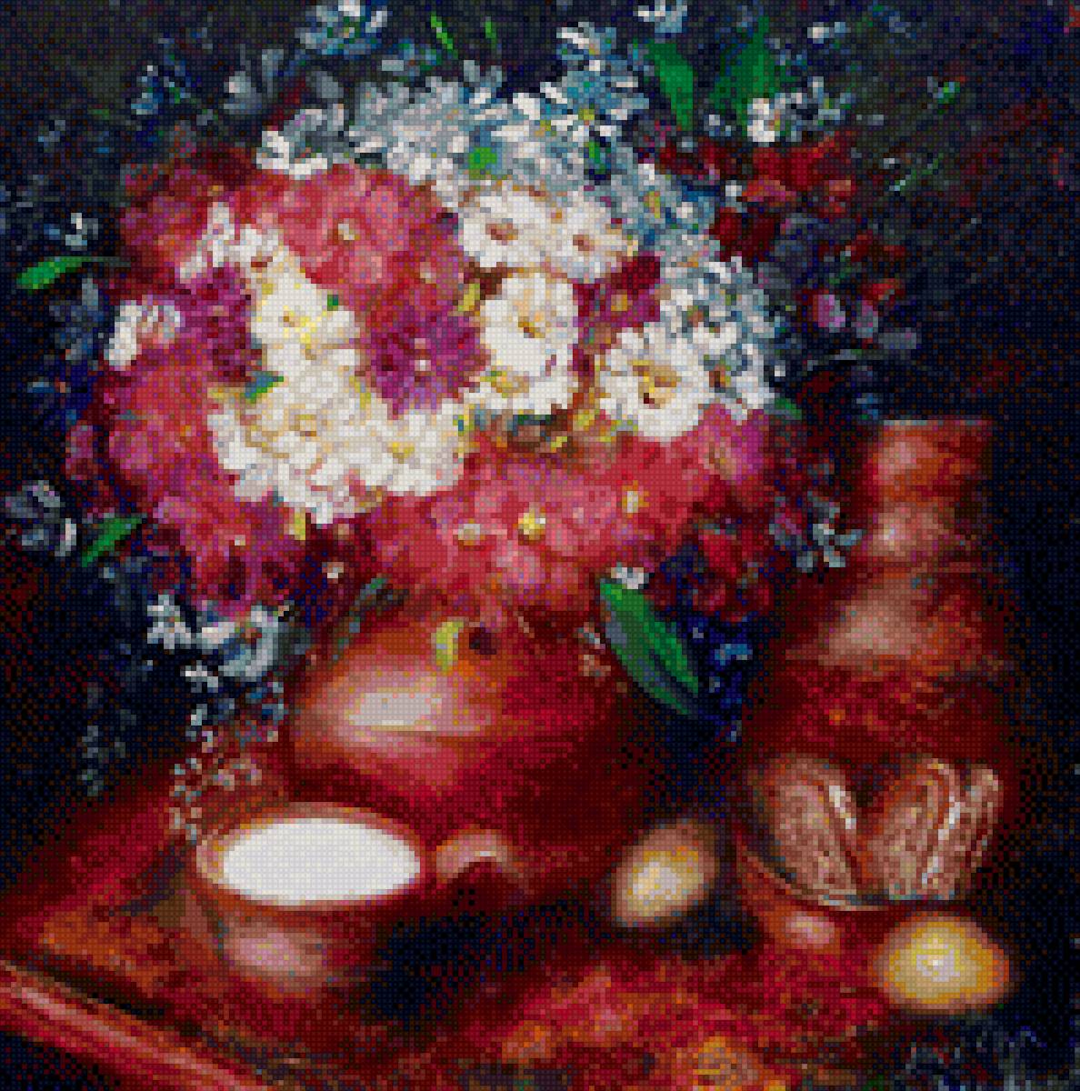 Натюрморт"Летнее чудо" - лето, картина, натюрморт, ваза, стол, вышивка крестом, цветы - предпросмотр