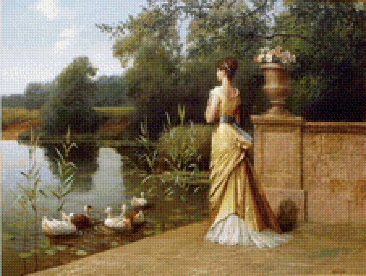 Ожидание - девушка, уточки, пруд, вышивка крестом.лето., природа - предпросмотр