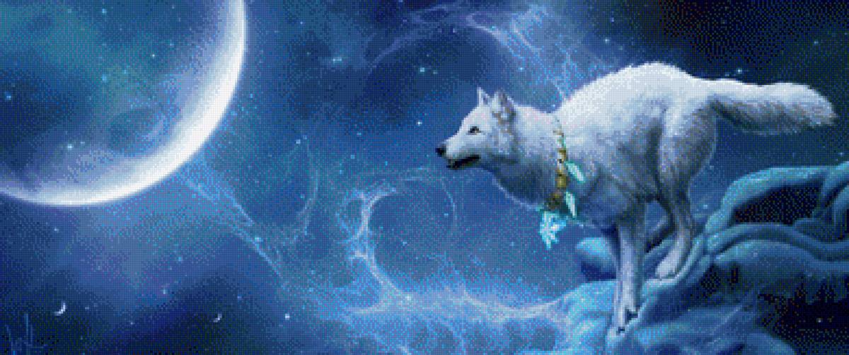 Снежный космос - животные, фэнтези, луна, космос, волк - предпросмотр