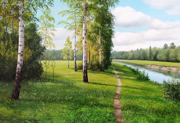 Родные просторы - лес, пейзаж, картина, березы, лето - оригинал