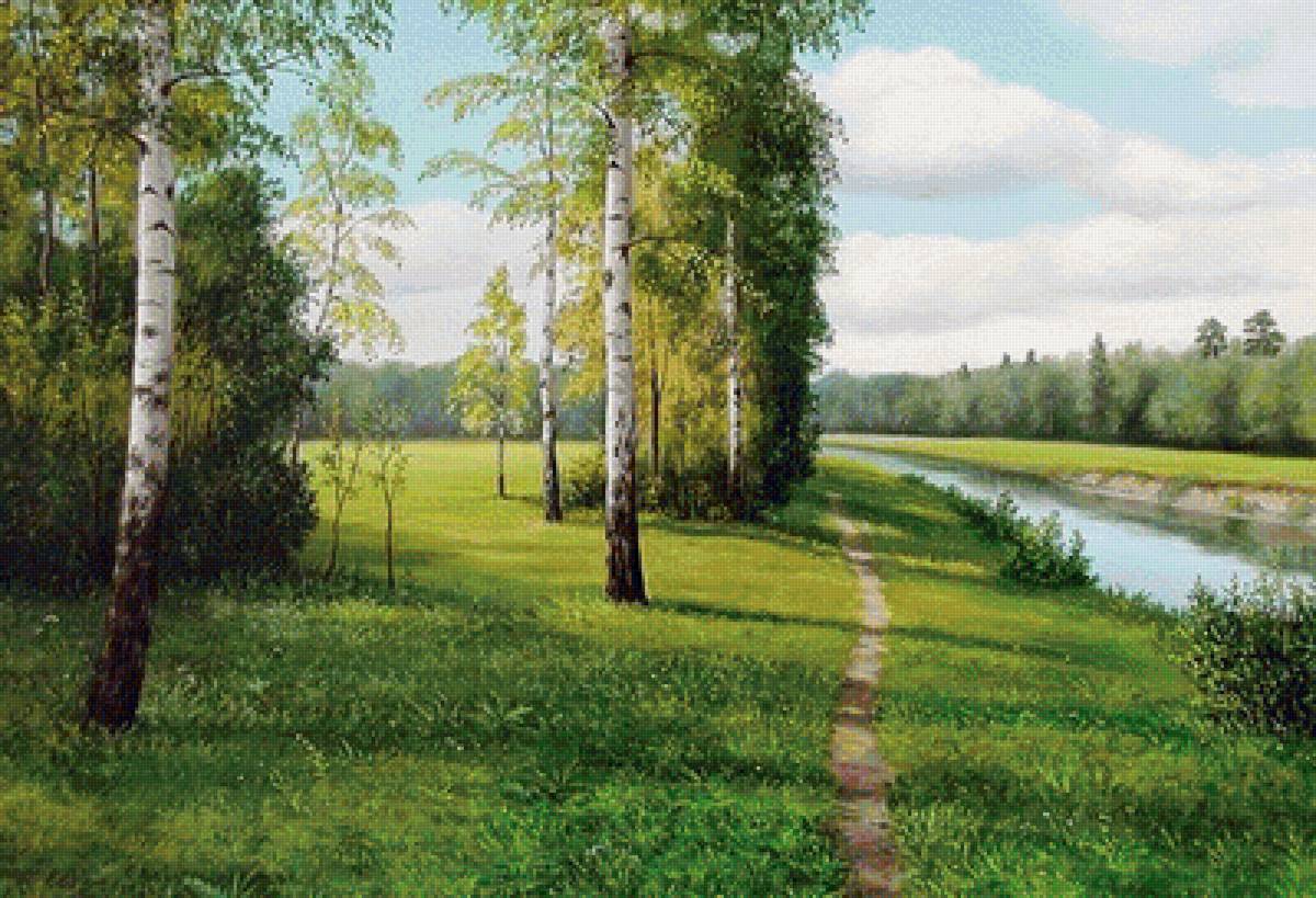 Родные просторы - лес, пейзаж, березы, картина, лето - предпросмотр