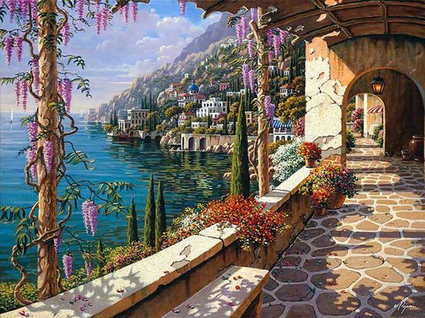 у моря - улочка, цветы, берег - оригинал