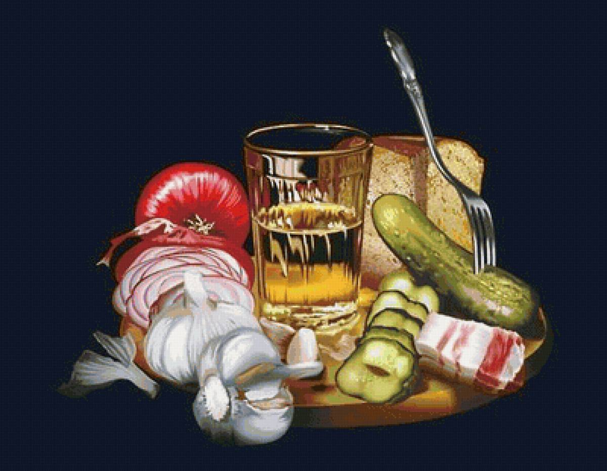 натюрморт - лук, самогон, сало, огурец, натюрморт, чеснок, хлеб, водка, стакан - предпросмотр