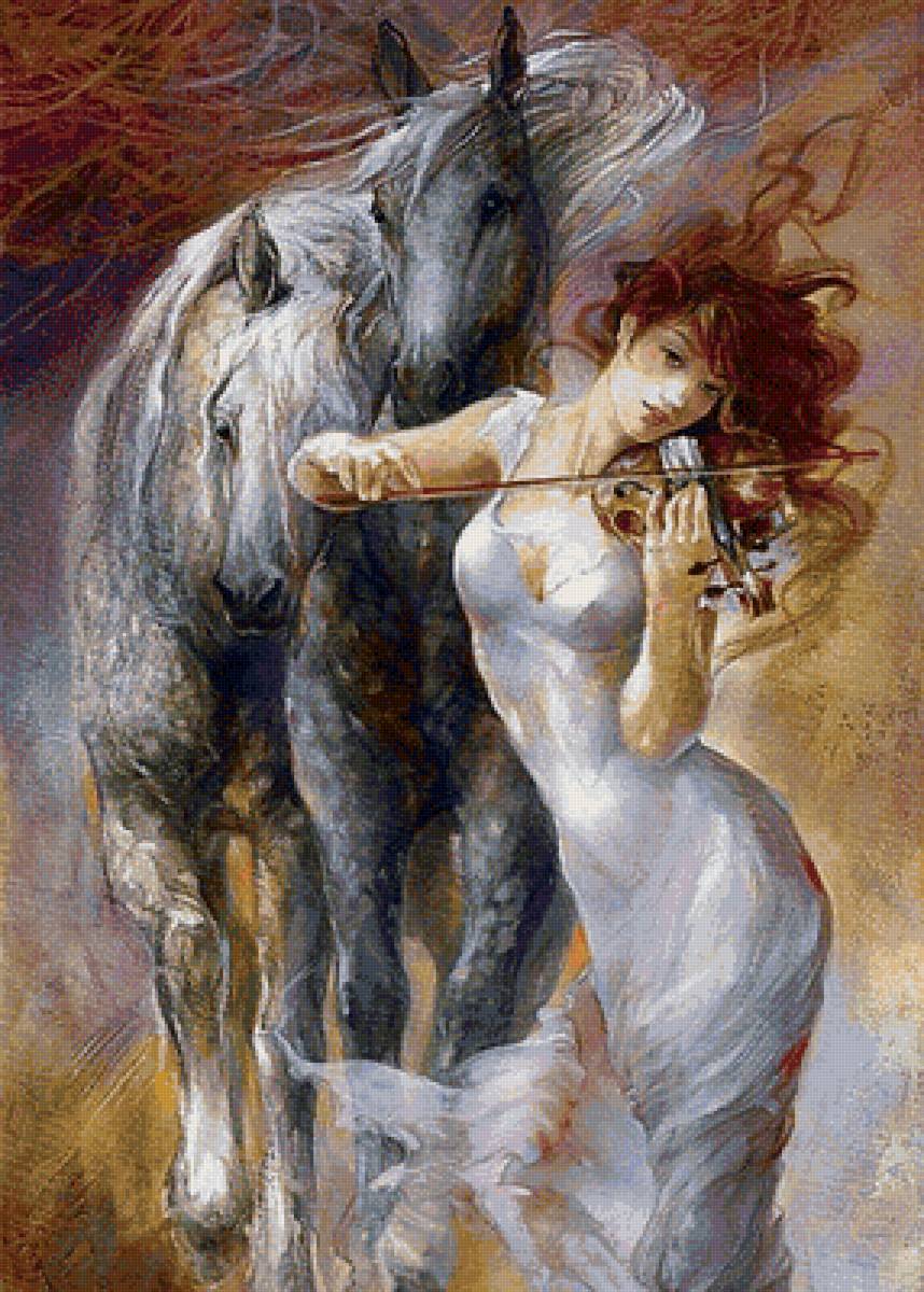 акварель - скрипка, девушка, лошадь - предпросмотр