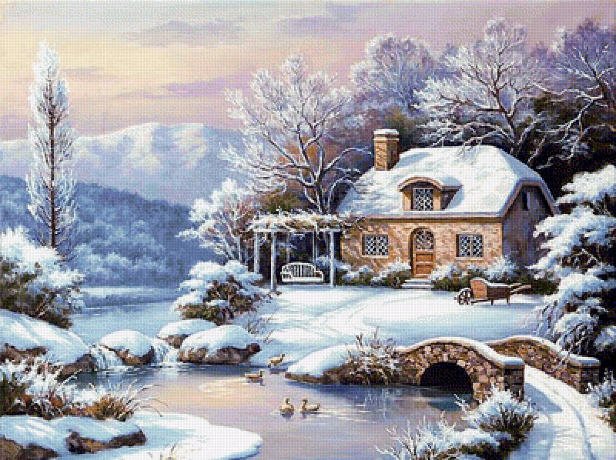 зимний пейзаж - река, деревня, пейзаж, зима, природа - предпросмотр