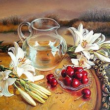 Схема вышивки «Худ. Мария Ильева. Натюрморт с белыми лилиями и черешней.»