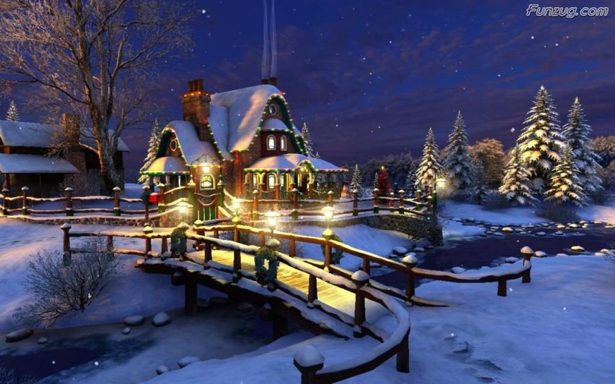 в ожидании праздника - природа, мост, зима, дом - оригинал