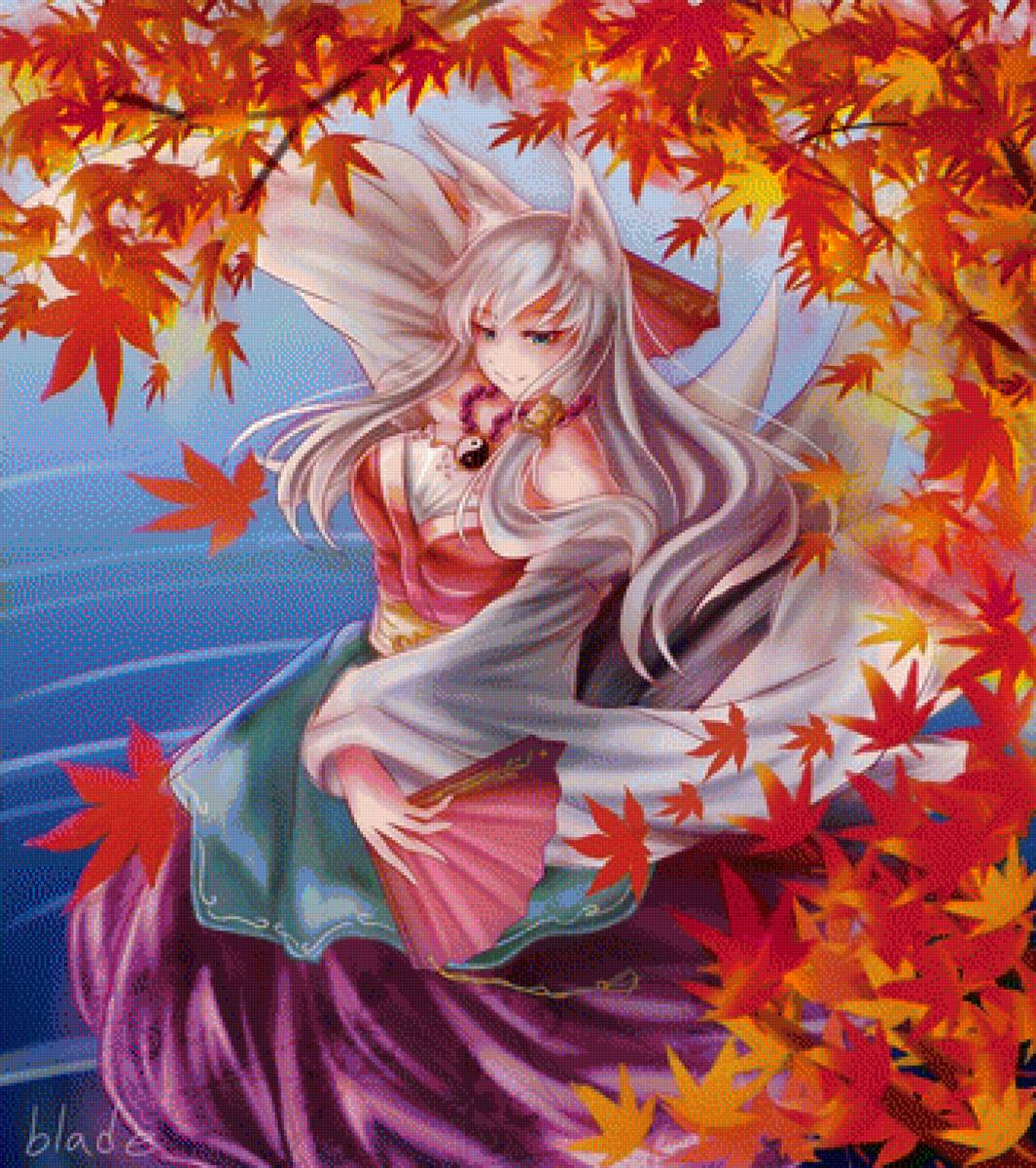 Осеннее утро - аниме, осень, лиса - предпросмотр