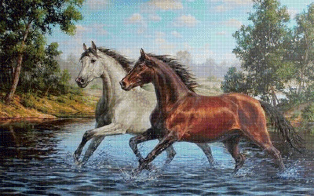 Пара лошадей - природа, река, лошади, картина, пейзаж - предпросмотр