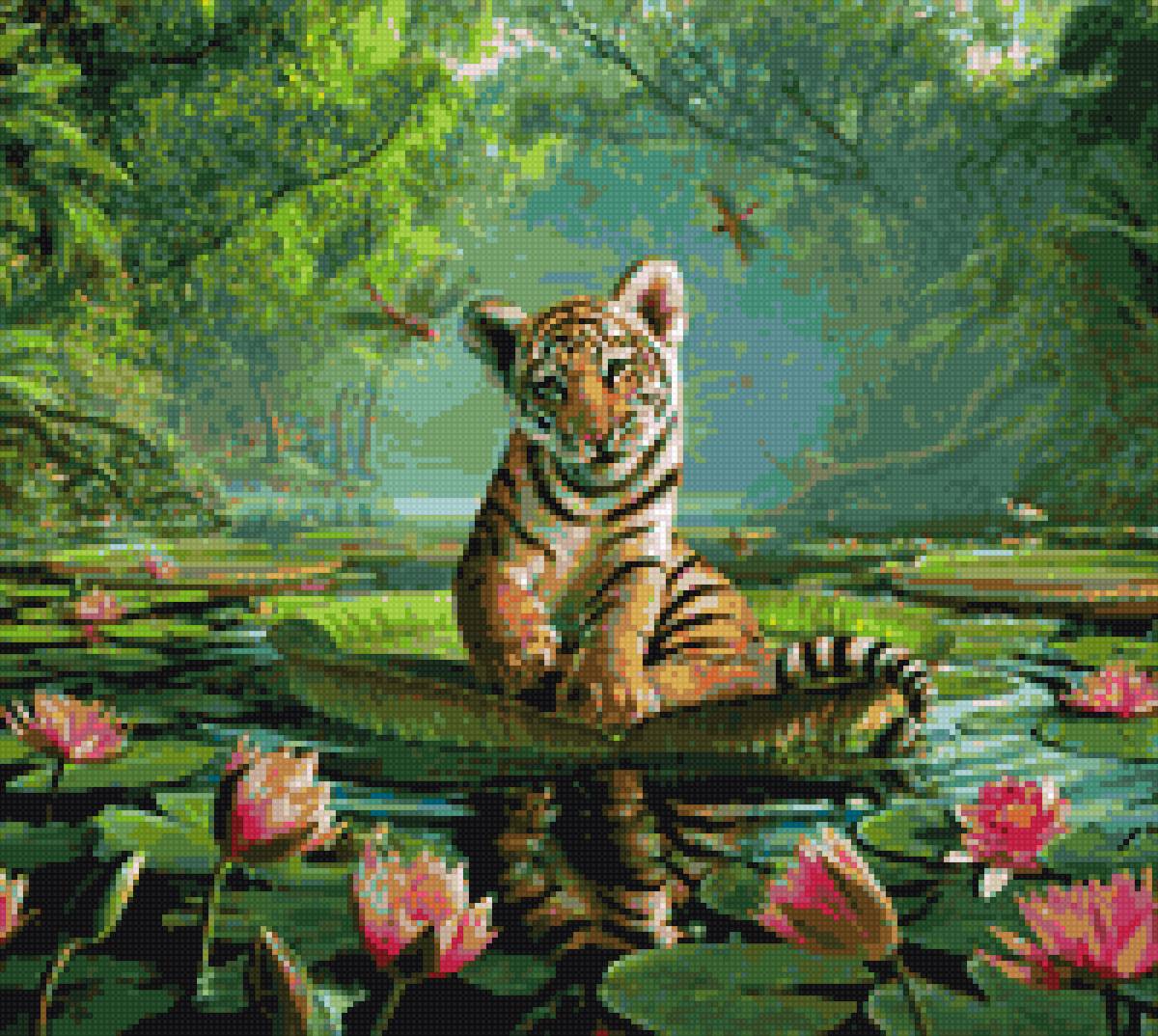 Тигренок на кувшинке - тигр, животные, тигренок - предпросмотр