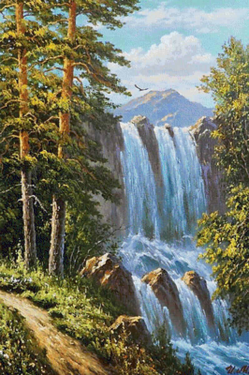 Водопад в горах - водопад, пейзаж, природа, дерева, река, горы, живопись - предпросмотр