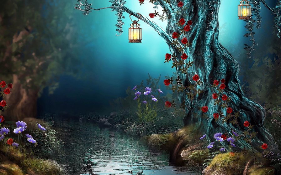 фентази - ручей, цветы, дерево, фонарь - оригинал