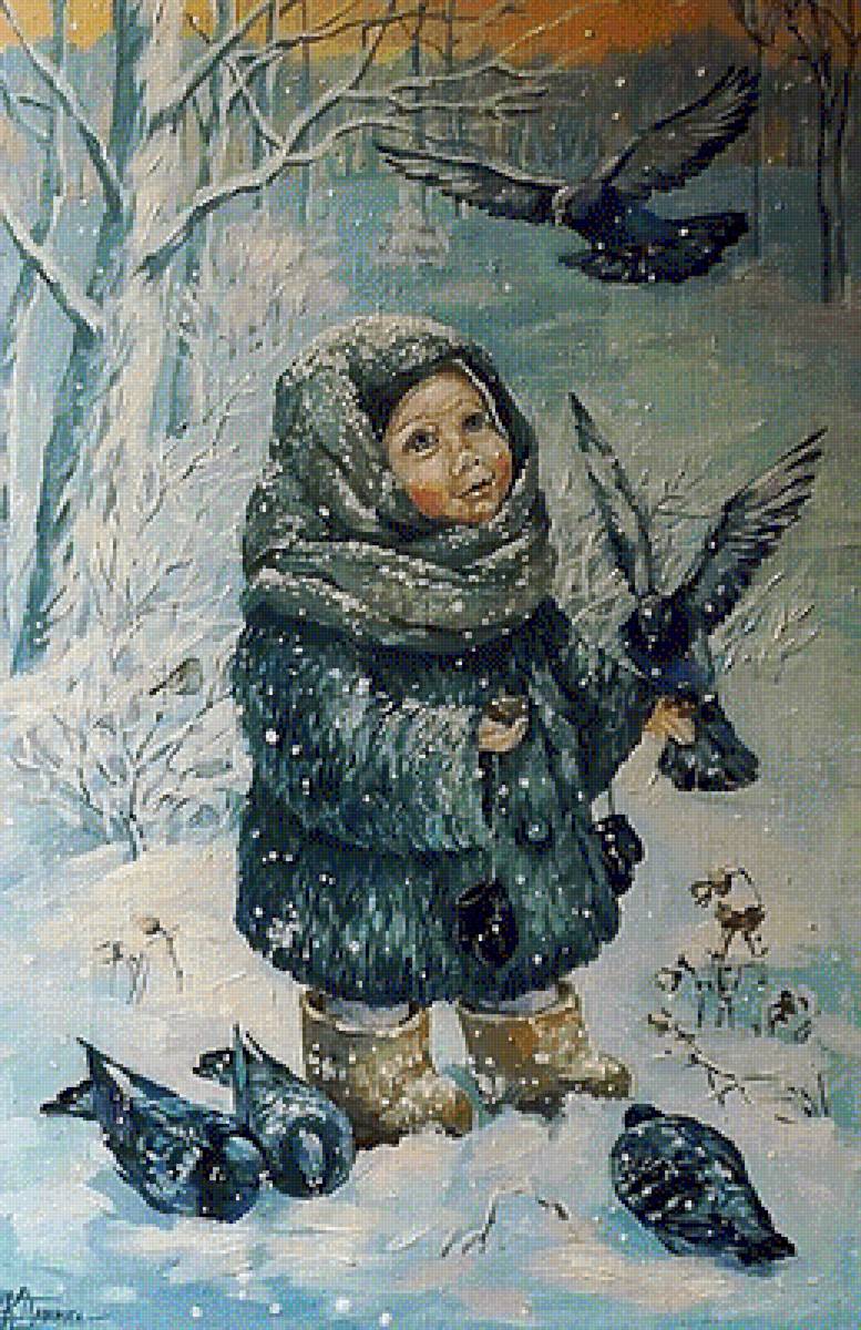 Худ. Кира Панина. Кормление голубей. - зима. живопись., голуби, дети - предпросмотр