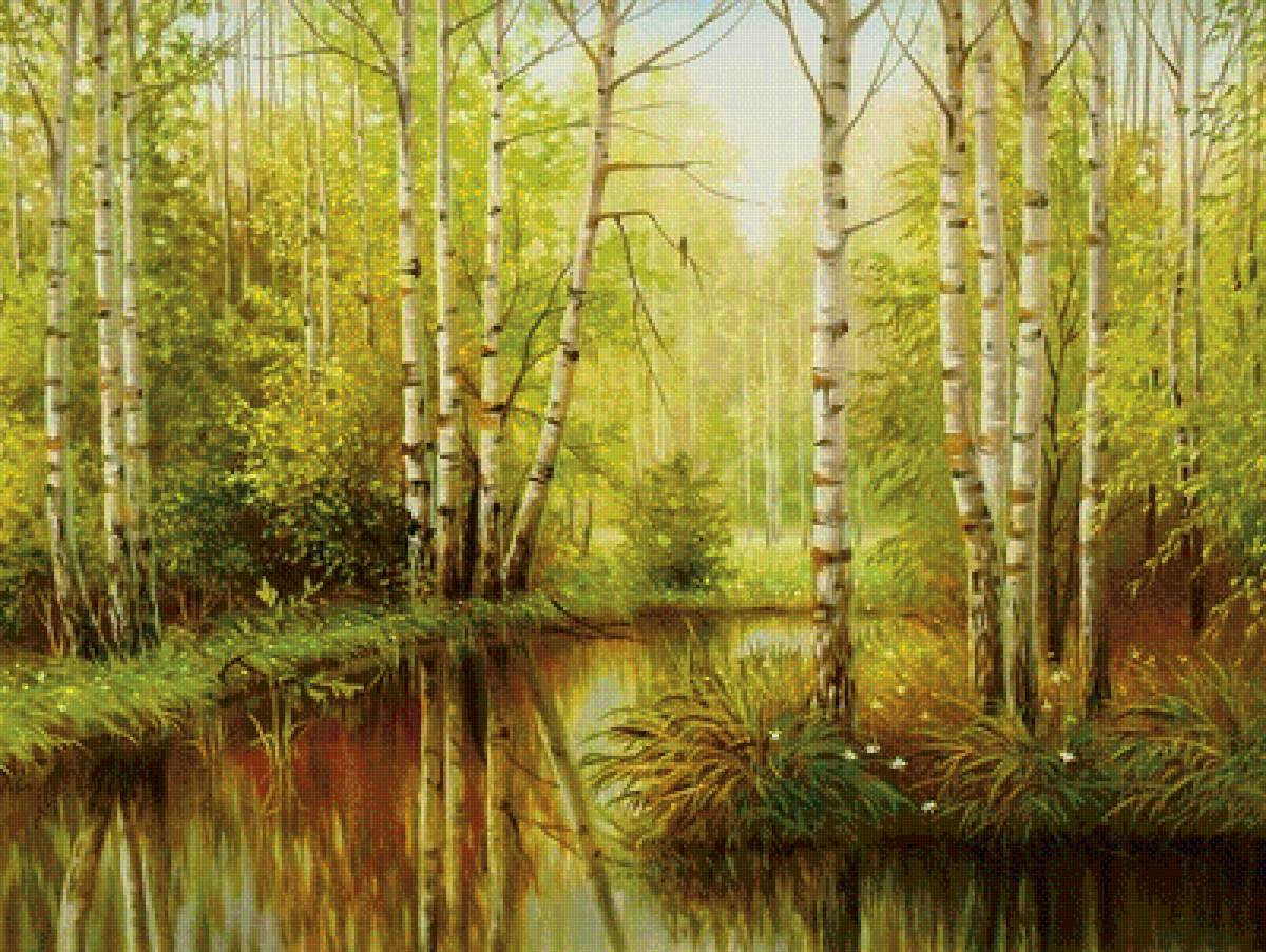 Березы у воды - пейзаж, картина, березы, лес - предпросмотр