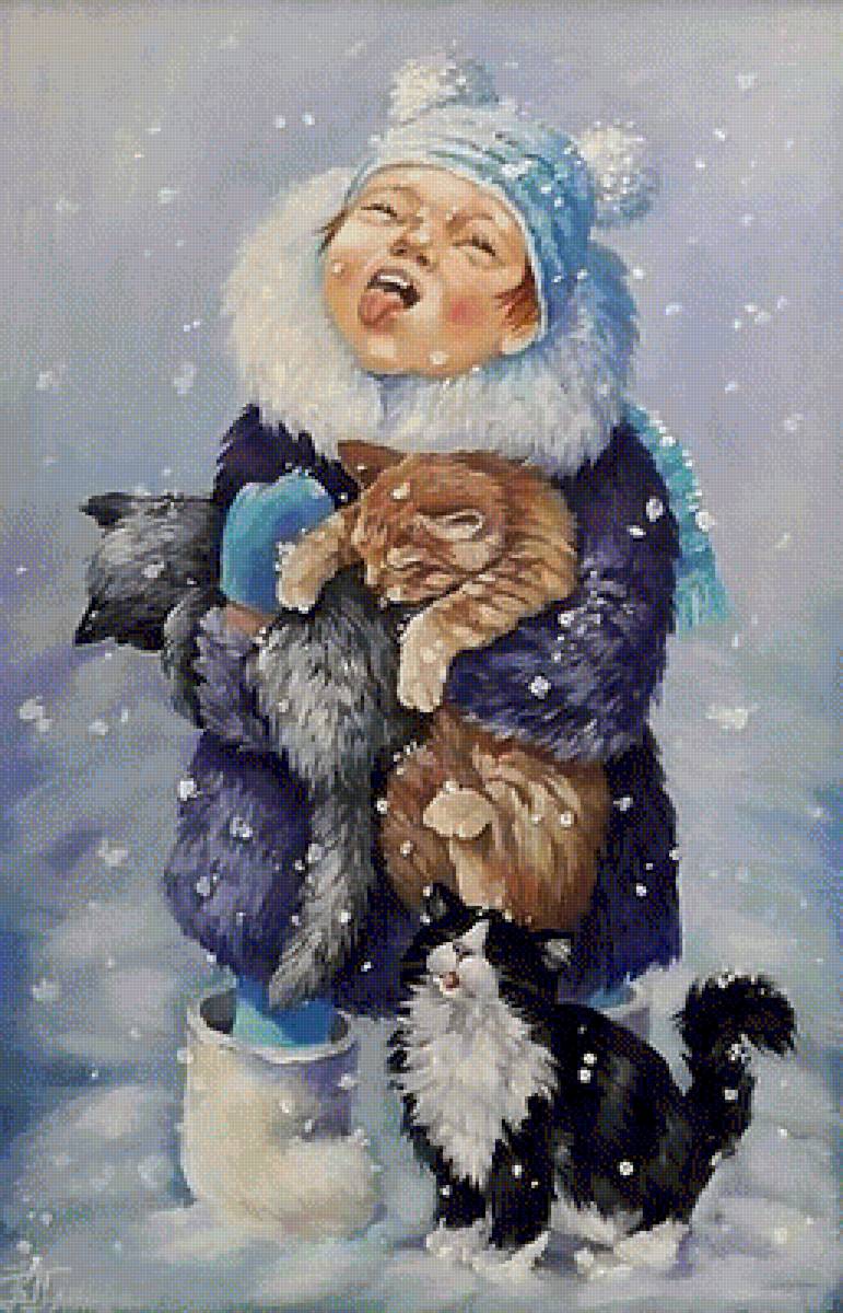 Худ. Кира Панина. Снежок. - зима, живопись., дети, коты - предпросмотр