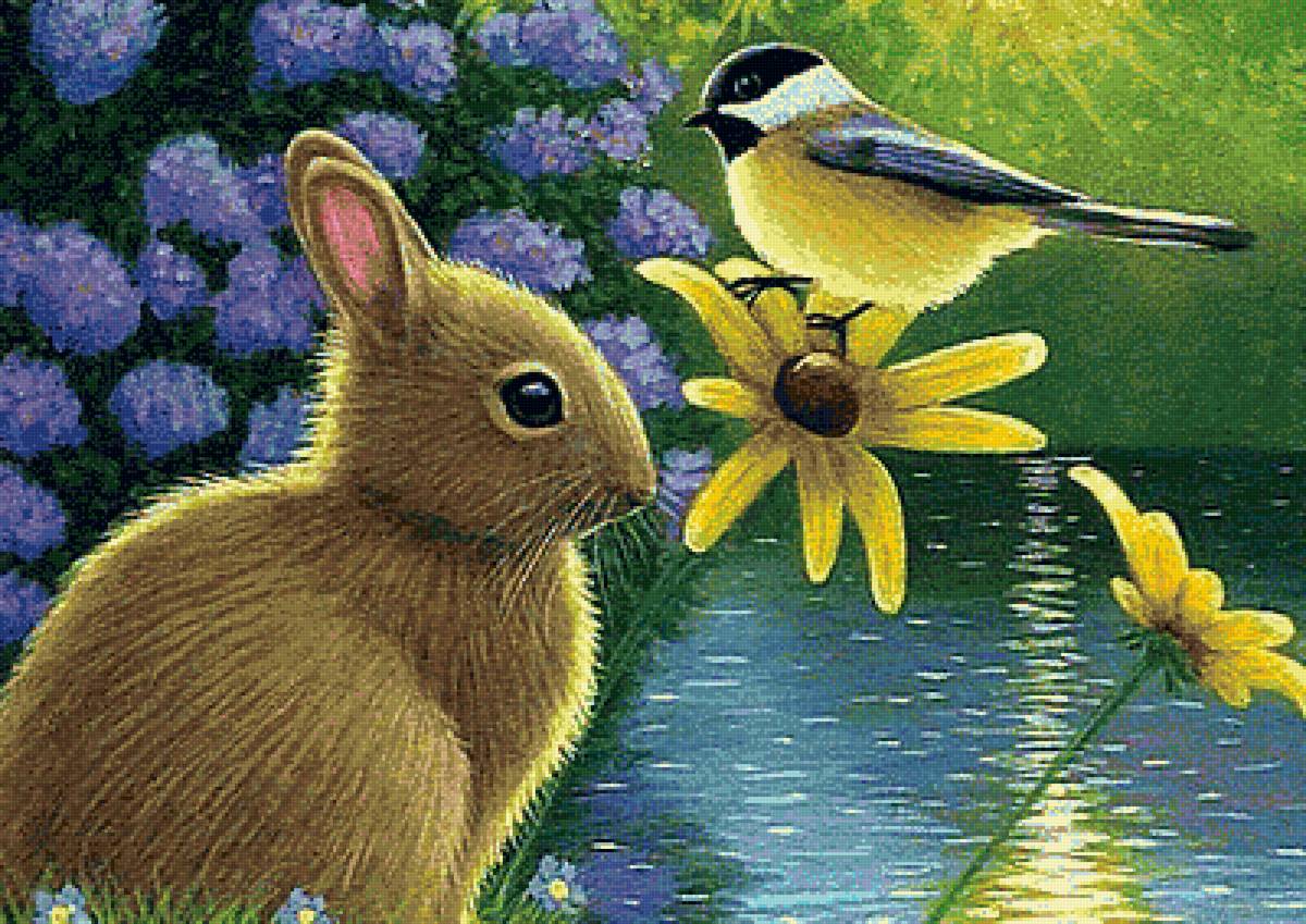 Зайчик и синичка - животные, птицы - предпросмотр