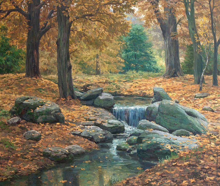 Осенний лес - осень, камни, речка - оригинал