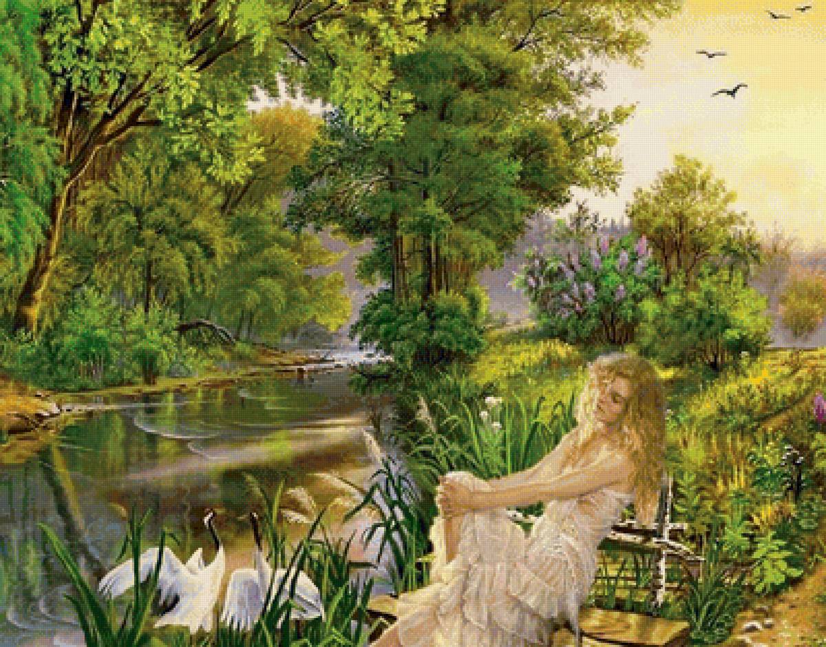 Девушка у воды - пейзаж, река, картина, лес - предпросмотр