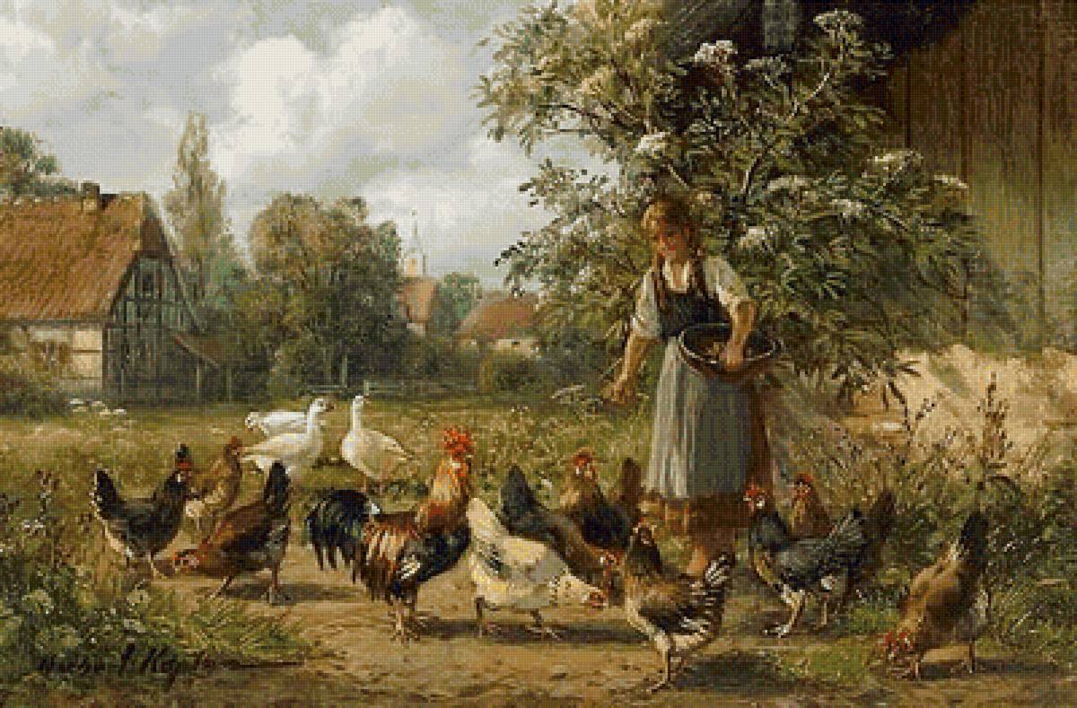 Птичий двор - птицы, утро, девушка - предпросмотр