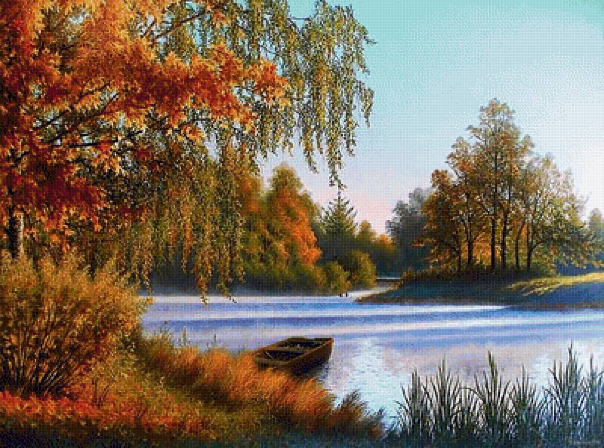 Худ. Чиканов Владимир. Сентябрьское утро. - река. лодко, пейзаж. живопись. - предпросмотр