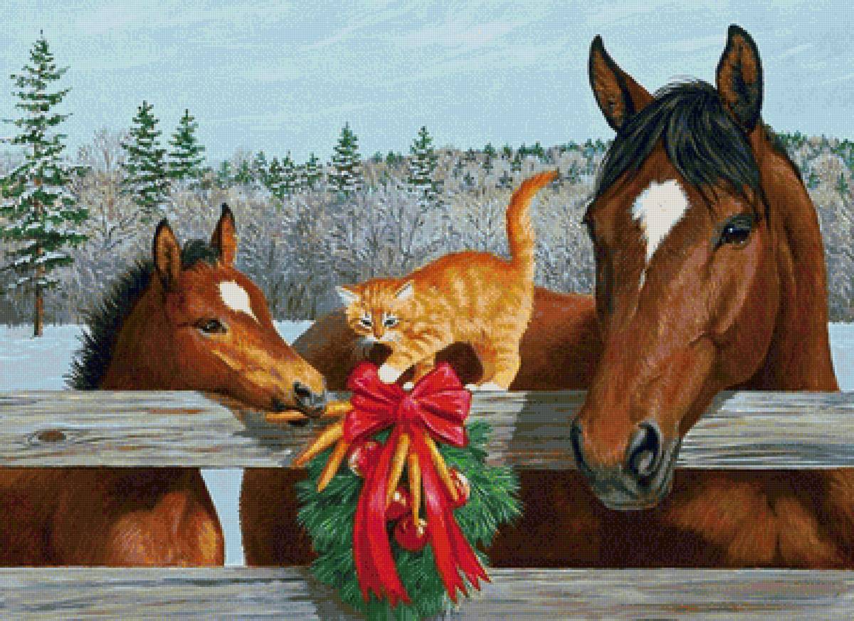 Лошадь с жеребенком. - зима, кошки, животные, лошади - предпросмотр