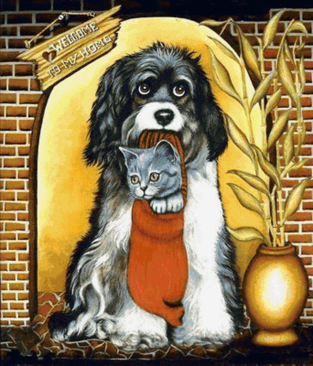 Друзья - собака, вход, котенок, добро пожаловать - предпросмотр