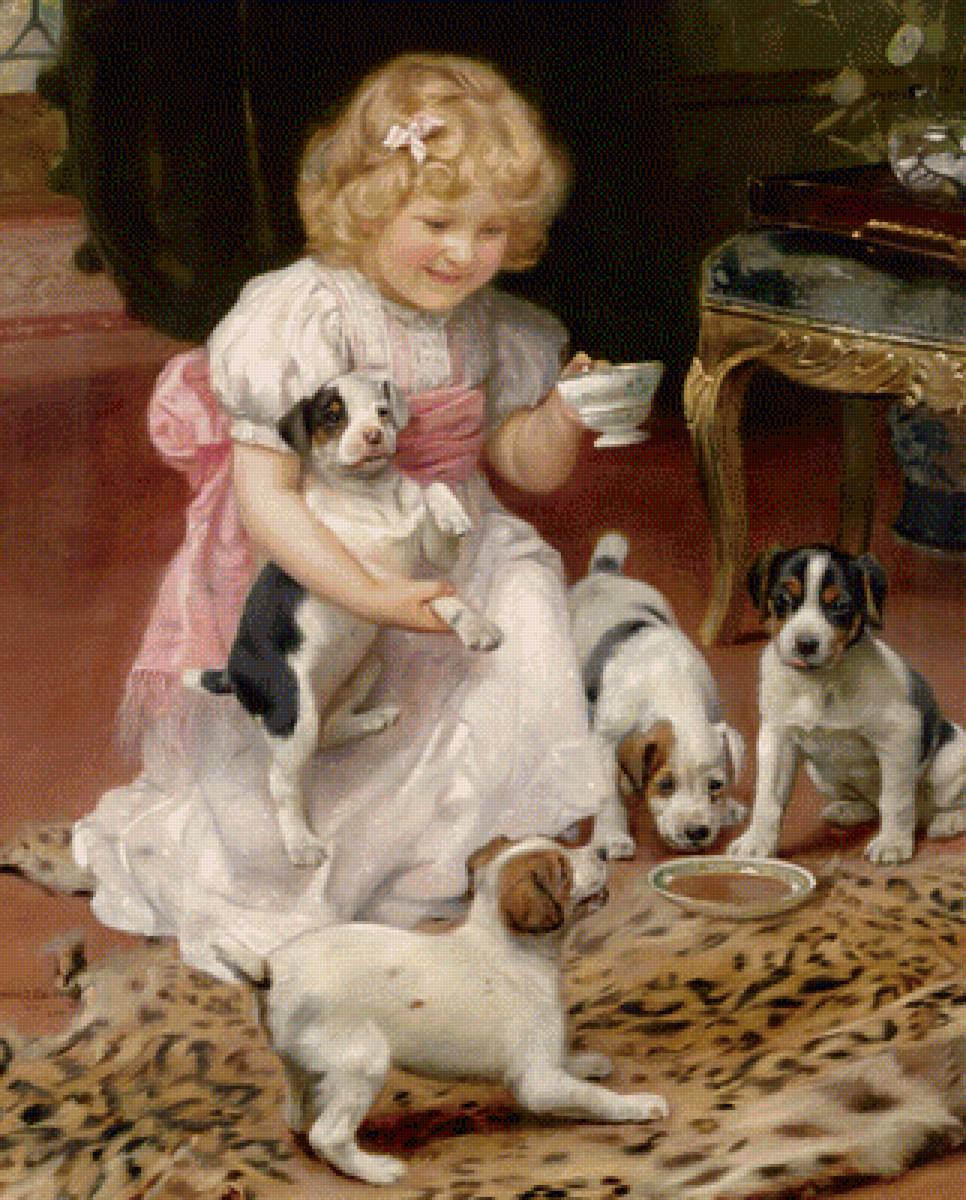 девочка со щенками - дети с животными - предпросмотр