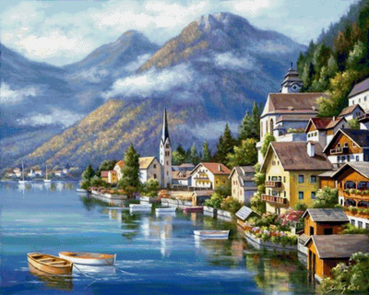 райский городок - природа, озеро, домик, пейзаж - предпросмотр