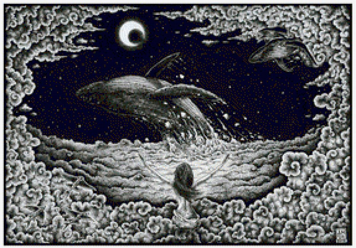 Монохром - кит, ночь, монохром - предпросмотр