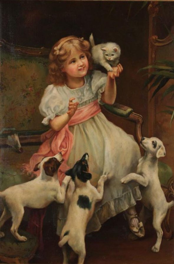 девочка с собаками - серия "дети с животными" - оригинал