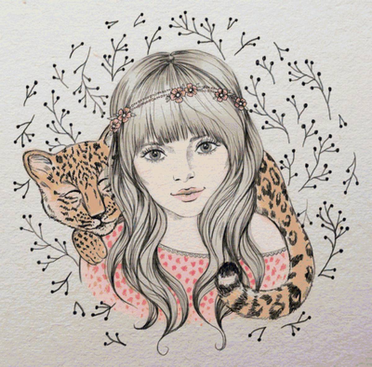 Девушка и леопардик - фэнтези, красавица, девушка, леопард, хищник - предпросмотр