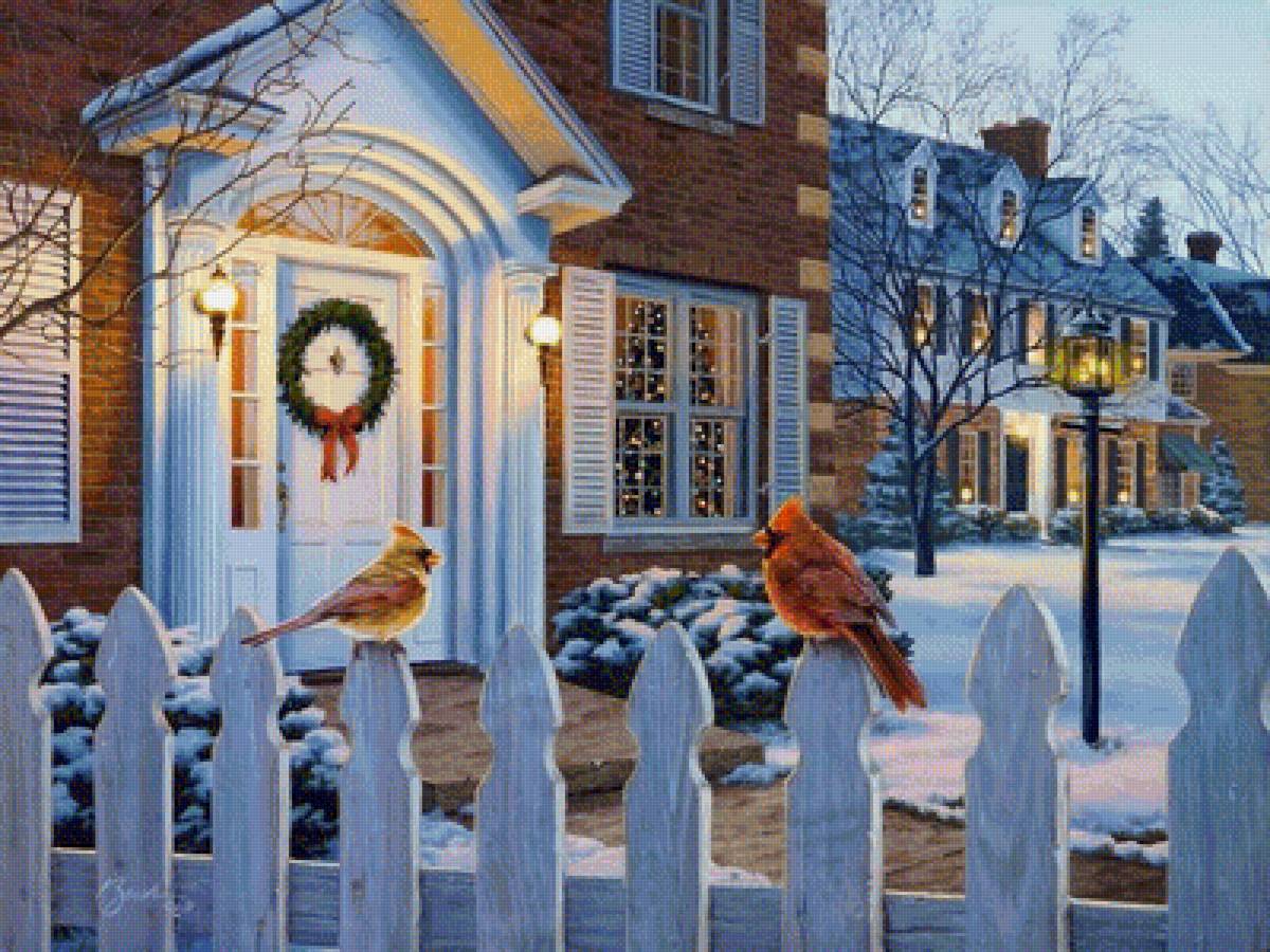 зимний день - природа, птицы, зима, деревня, пейзаж - предпросмотр