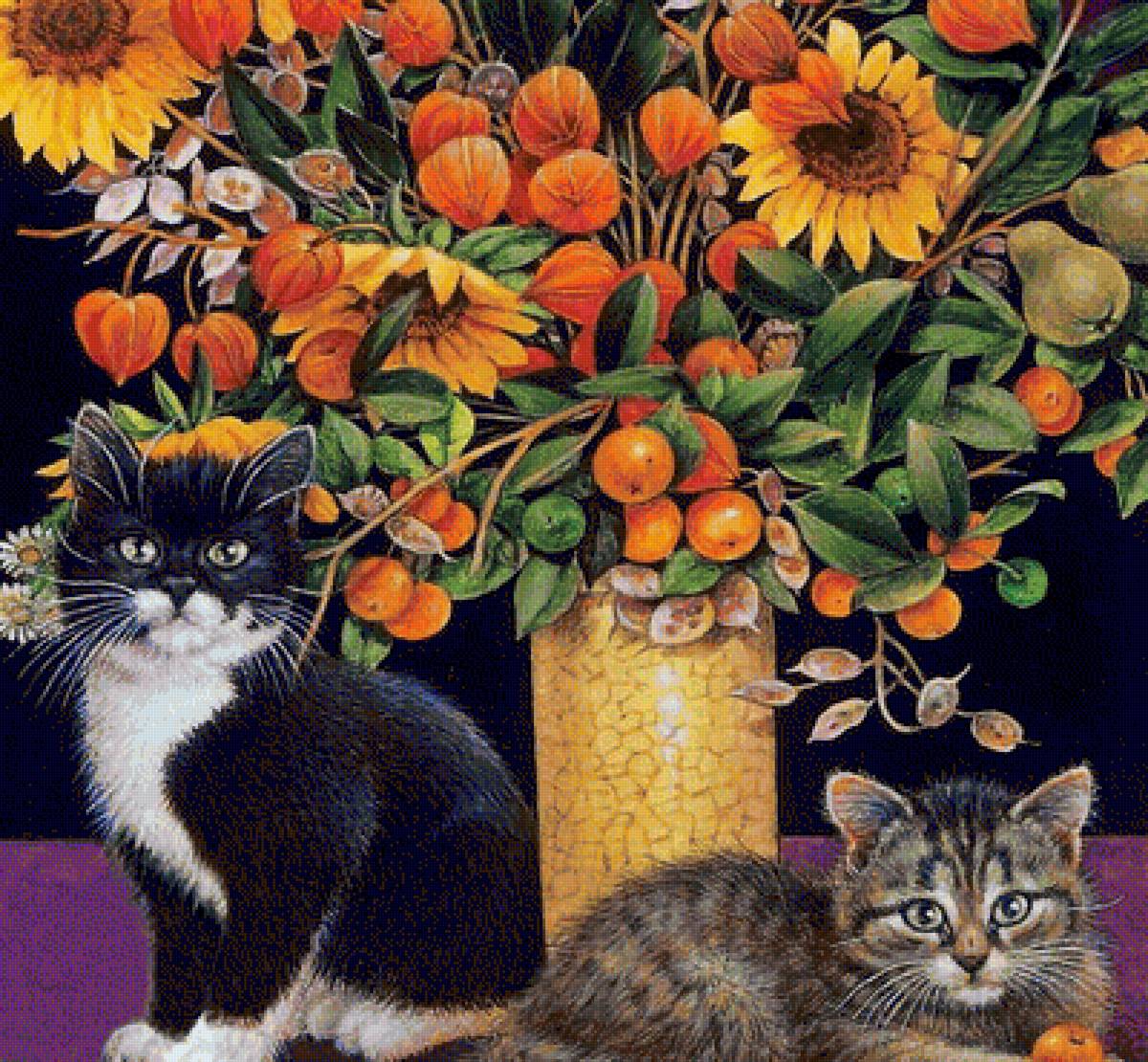 №1343218 - цветы, картина, кошки - предпросмотр