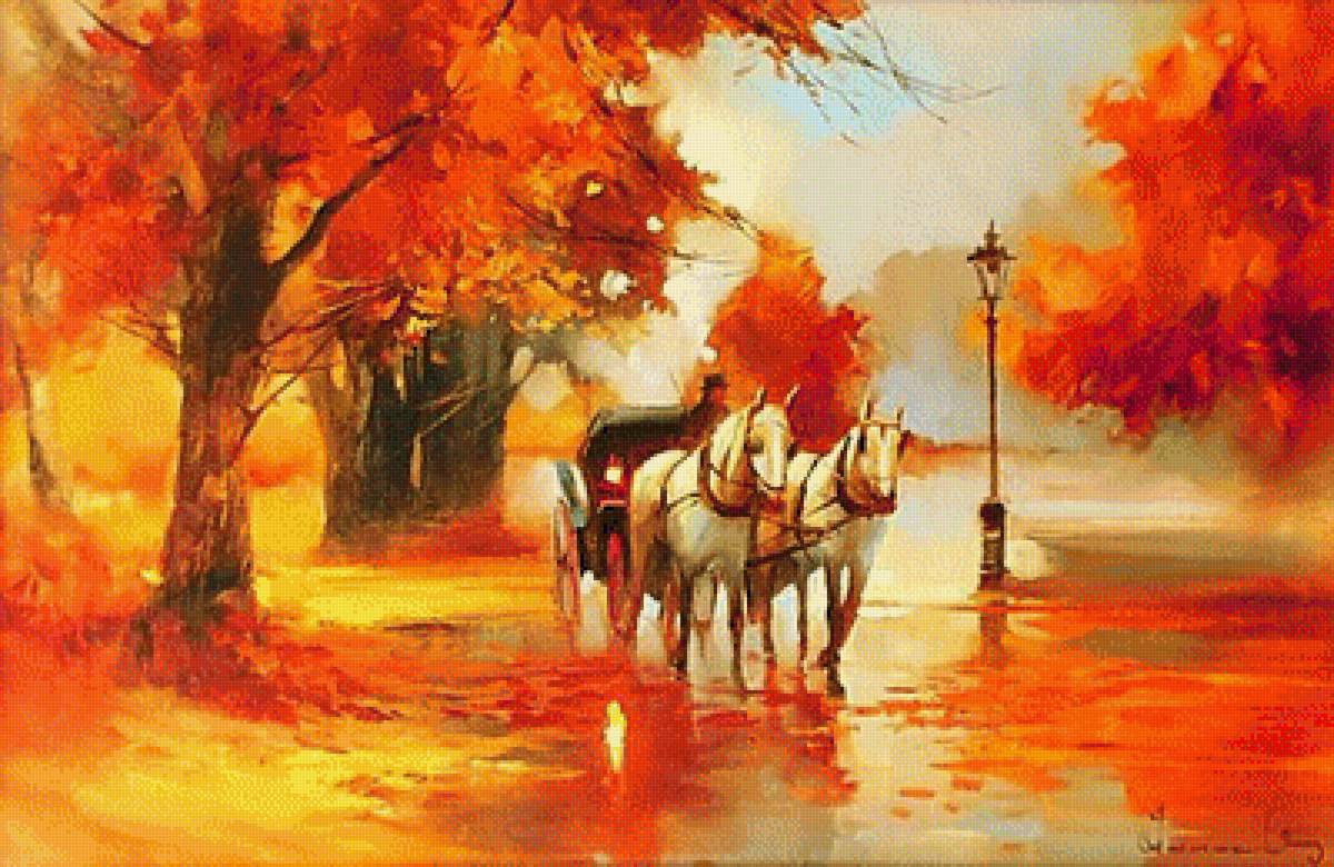 Худ.Diane Romanello. Осень. - живопись., лошади, осень, пейзаж. экипаж - предпросмотр