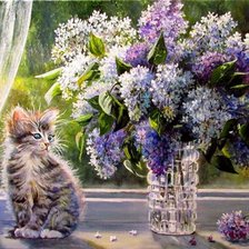 Схема вышивки «Котик и букет сирени»