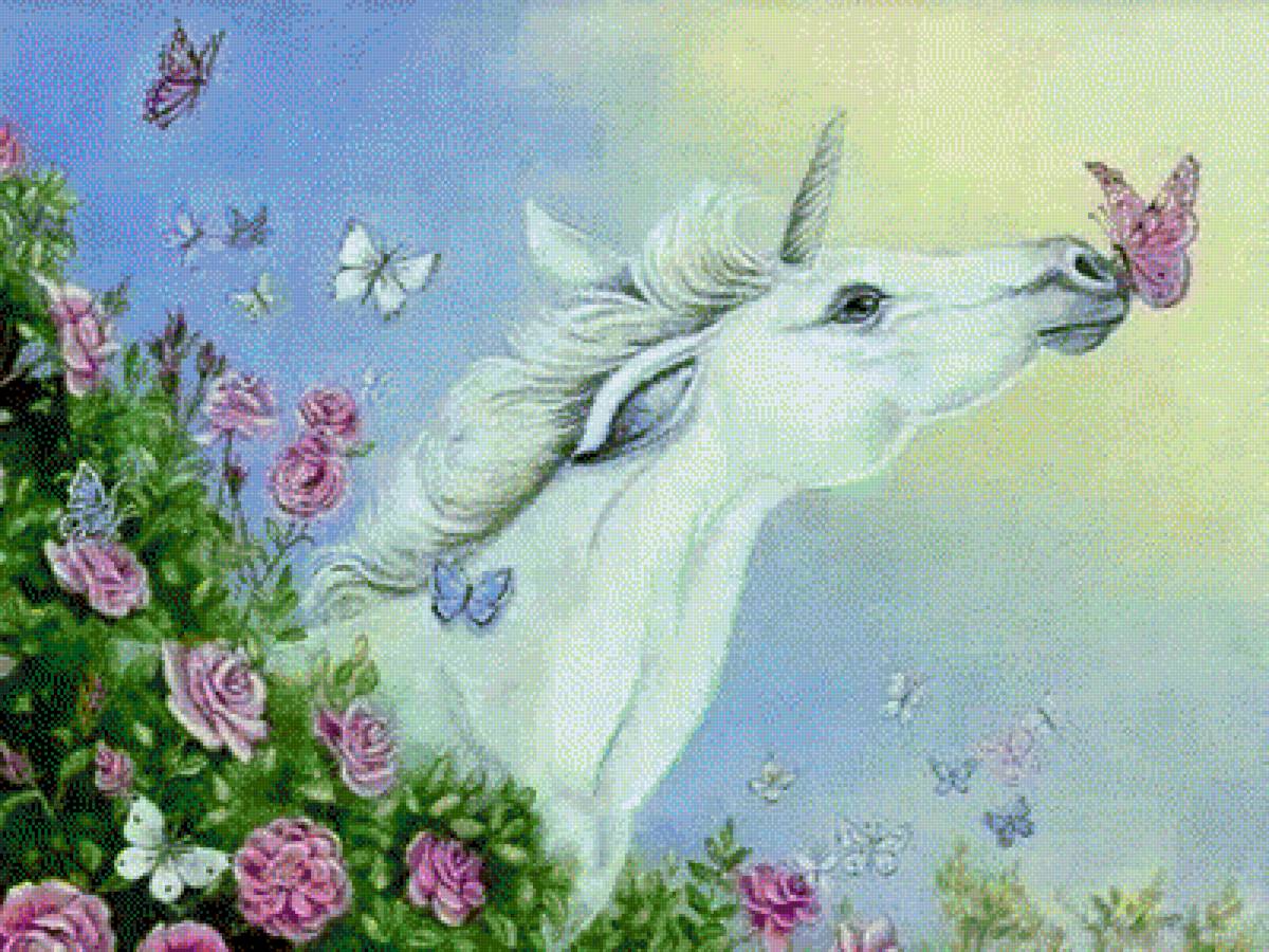 unicornio con rosas y mariposas - предпросмотр