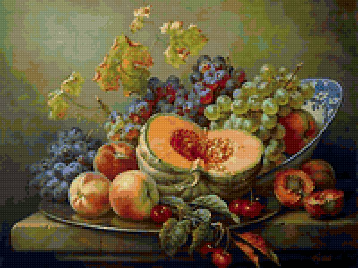 Натюрморт с тыквой - натюрморт, тыква, виноград - предпросмотр