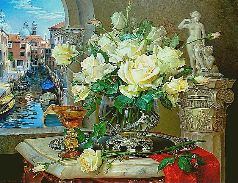 розы - ваза, цветы - оригинал