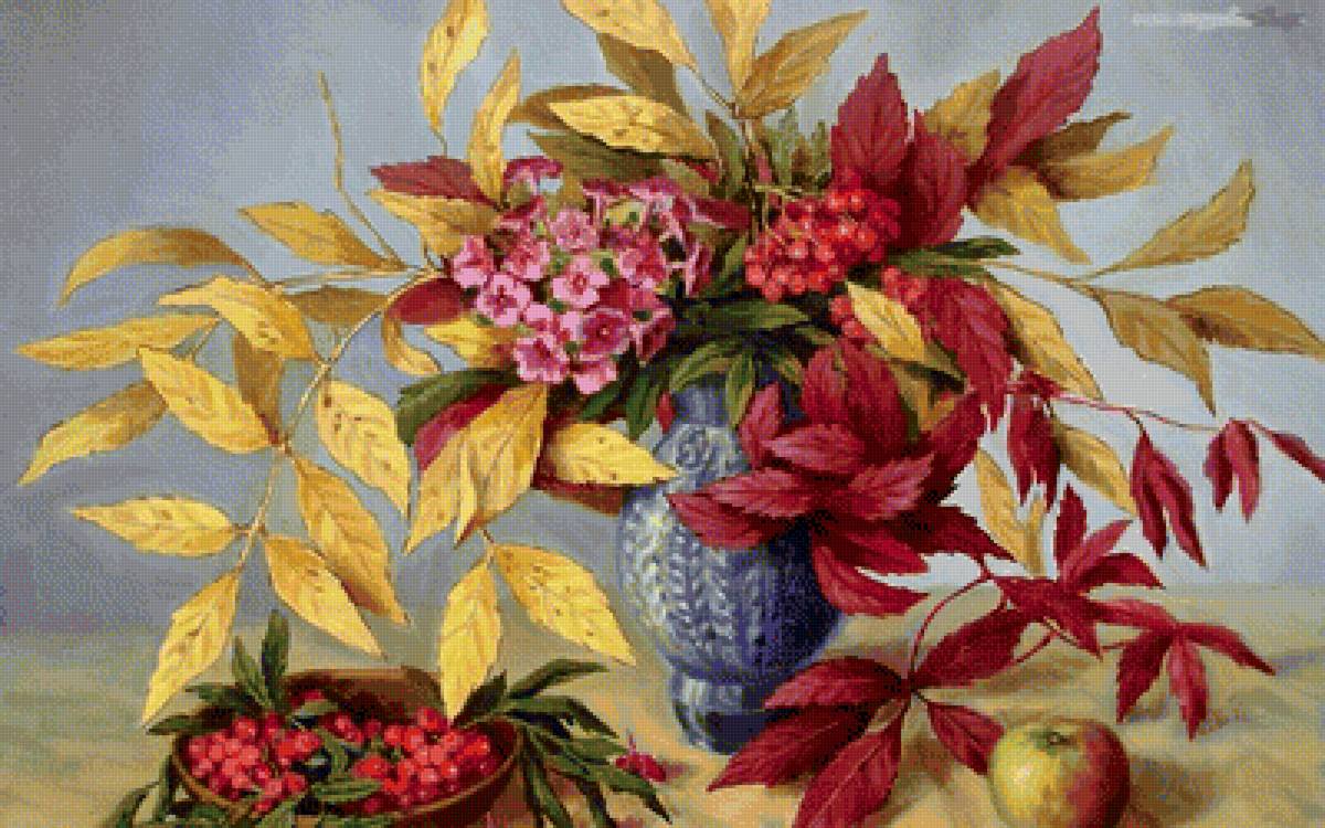 Натюрморт с рябиной - цветы, ваза, листья, рябина - предпросмотр