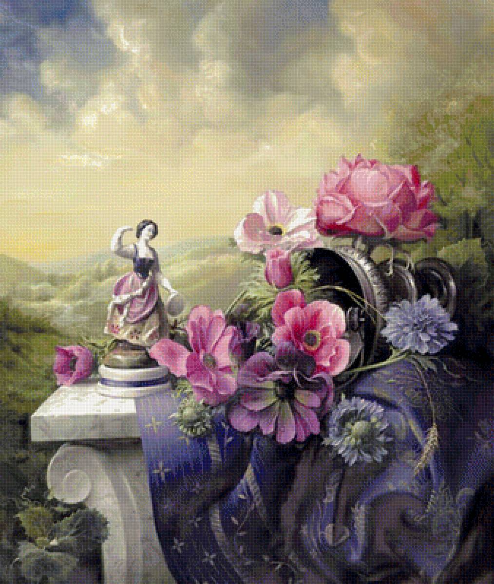 Натюрморт со статуэткой - фарфор, букет, скатерть - предпросмотр