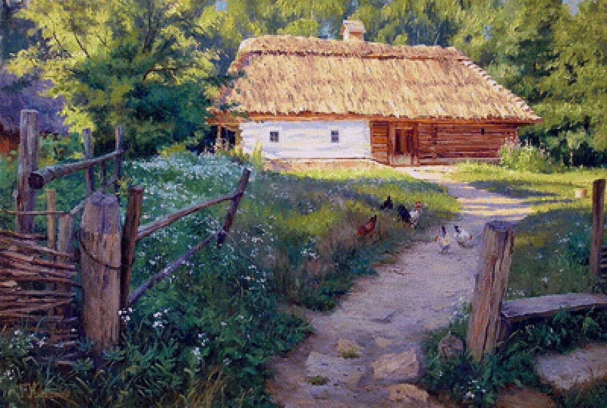 Деревенский домик по картине Г. Кириченко - домик, лес, куры, травка - предпросмотр