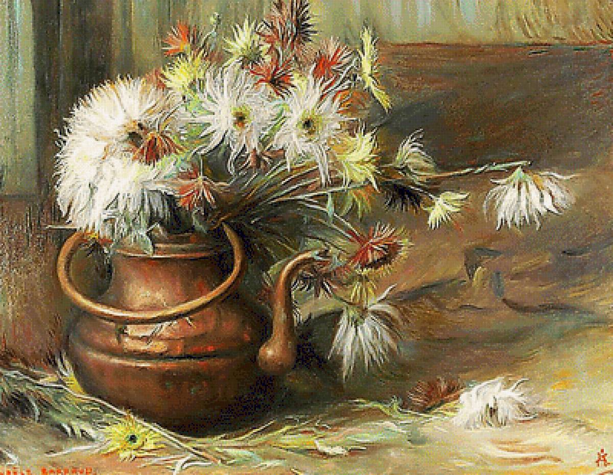 Худ.Barraud, Aurele-Rene. Натюрморт с цветами и чайником. - чайник, цветы, натюрморт, живопись. - предпросмотр