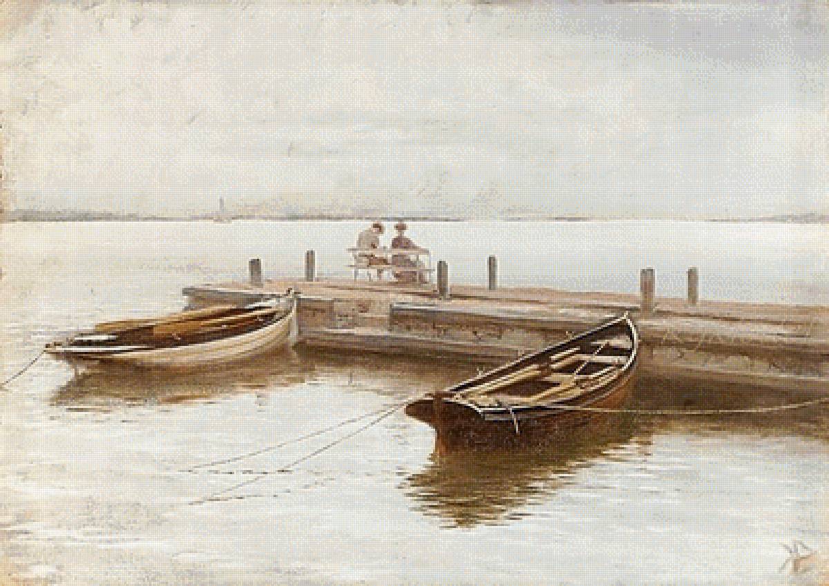 Худ. Кнут Эквалл. Свидание. - причал, лодки, живопись., люди, море - предпросмотр