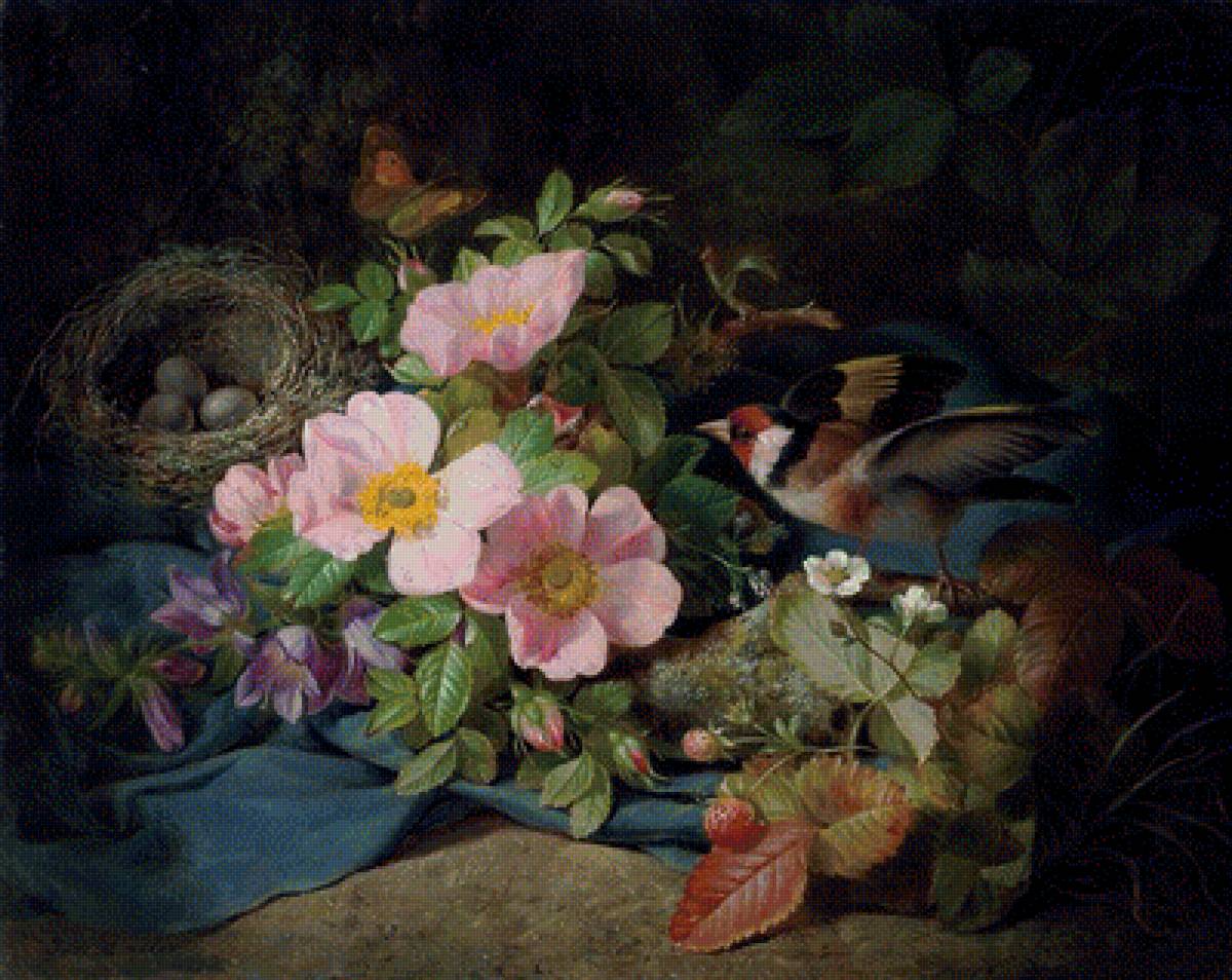 гнездо в цветах штповника - шиповник причка гнездо картина - предпросмотр