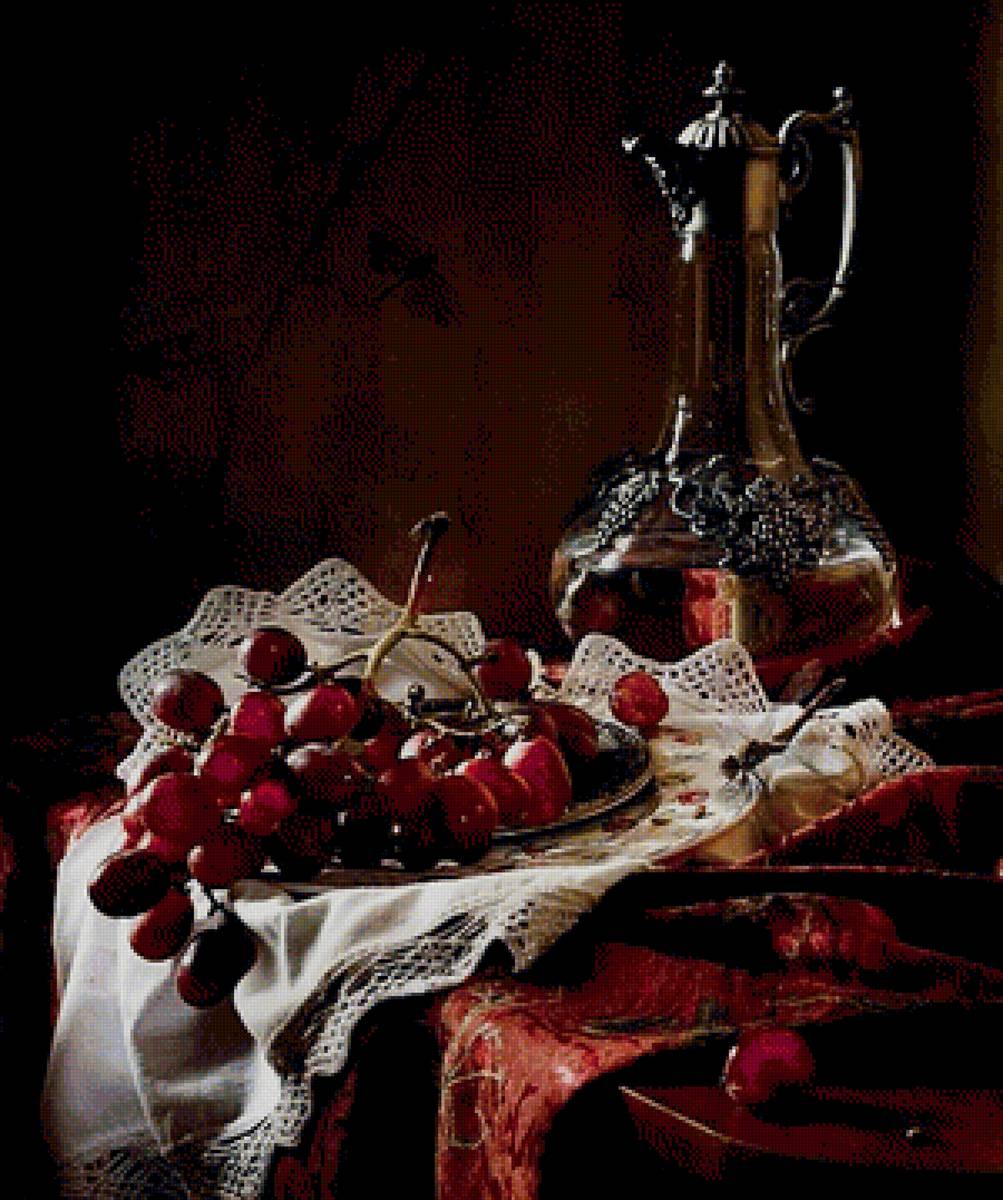 Натюрморт с виноградом - натюрморт, салфетка, виноград, графин - предпросмотр